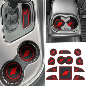 for Dodge Challenger Accessories 2015-2024 Custom Fits Cup Holder Insert Anti-dust Mats Door Pocket Center Console Liners (Red Trim) - 11 PCS/Set