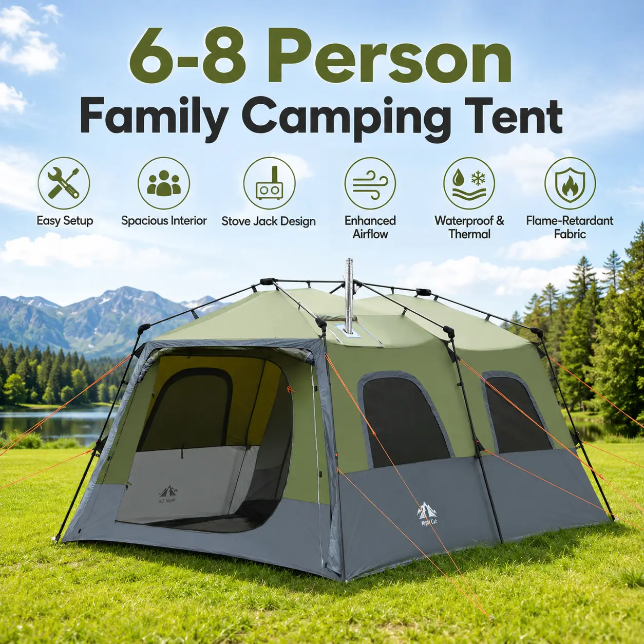 Night Cat 8-Person Easy Setup Camping Tent - Large Waterproof Instant Cabin Tent with Canopy, Stove Jack for Family Glamping, Easy Setup Tents