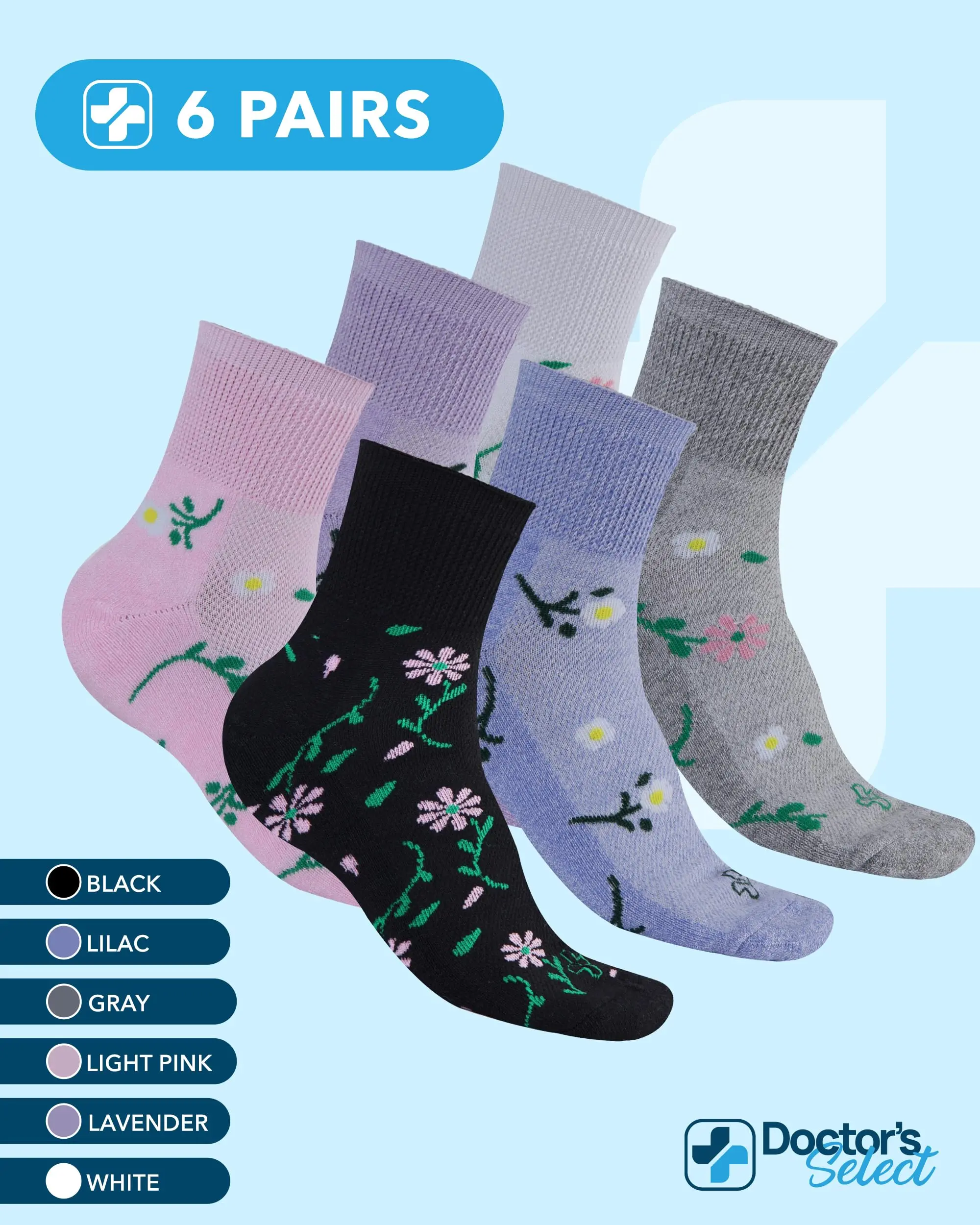 6 Pairs Diabetic Ankle Socks for Women, Floral Bamboo Viscose with Non-Binding Top, Smooth Toe, Breathable for Adults, Lightweight, Assortment Pack Mid-Calf Socks, Above The Ankle Mid-Calf Socks