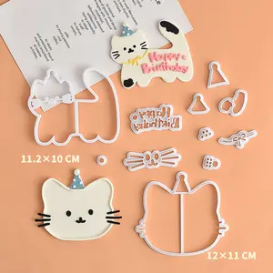Cute Cat Fondant Cutters 2-Piece Set, Birthday Hat Cat Cake Mold with Happy Birthday Text, Large Face Cat Cutter, Kawaii Baking Decorations for DIY Cakes & Cupcakes Bakeware Cookiecutters