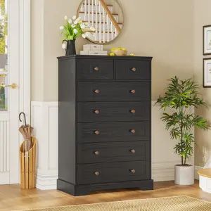 Sikaic 51.4 Inch Farmhouse 7 Drawer Dresser, Chest of Drawers with Hand-Carved Line Panels and Embossed Metal Handles, Large Vertical Storage Cabinet for Bedroom, Living Room, Hallway and Entryway