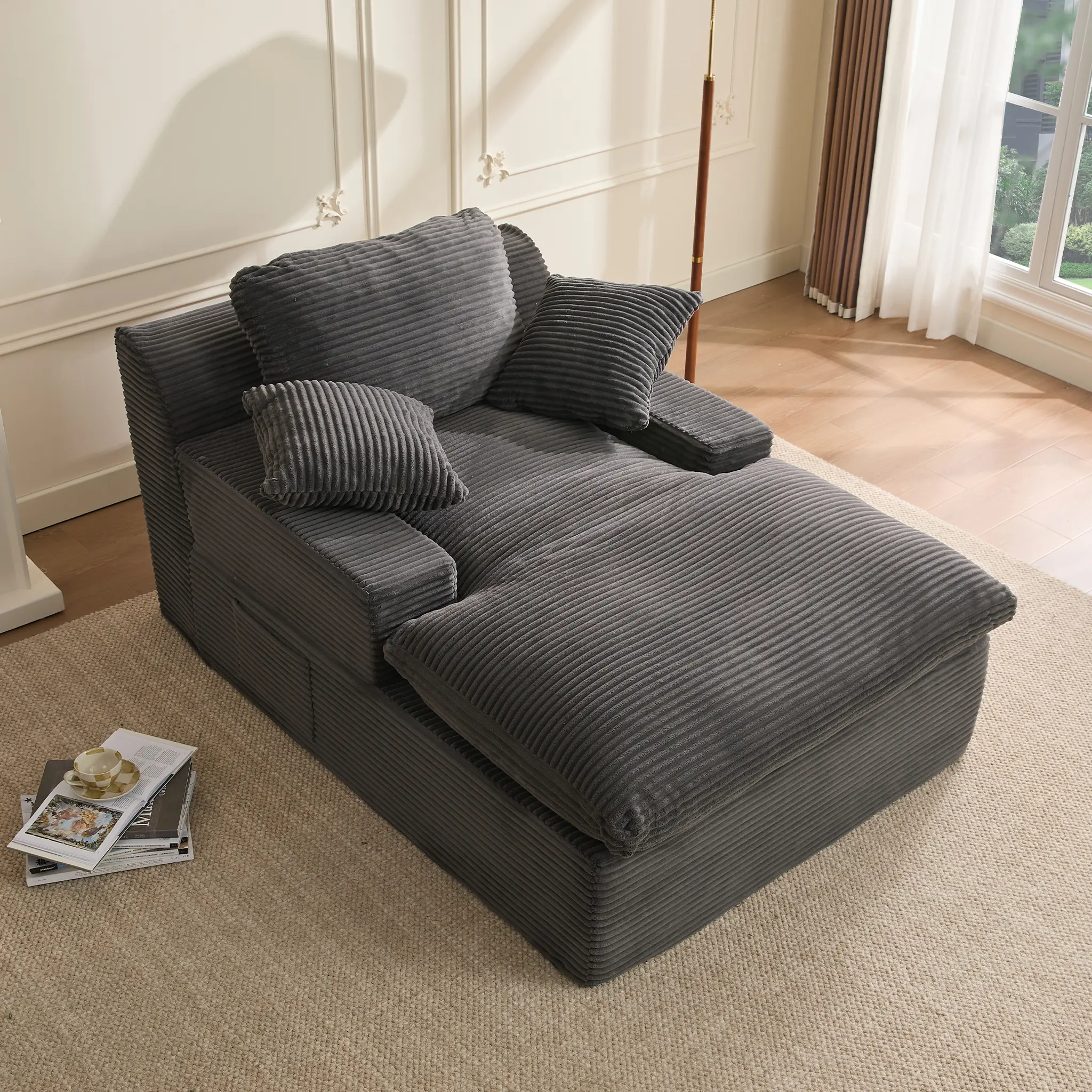 AFUSON 62" Oversized Boneless Chaise Lounge Chair, Extra Cloud Layer, Convertible Sleeper Sofa Couch with Removable Pillows & Side Pockets, Corduroy Upholstered Sofa Bed with Armrests for Living Room,sofa bed,Camel,couch bed,bean bag chair,couches