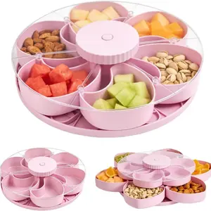 Rotating Snack Tray with Lid, Divided Appetizer Serving Dish, Storage Box for Home Apartment Restaurant Living Room Picnic Garden BBQ Camping