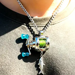 Mini Fishing Reel Necklace, Rotating Handle Spinning Reel Pendant Keychain, Backpack Charm, Keychain for Fishermen
