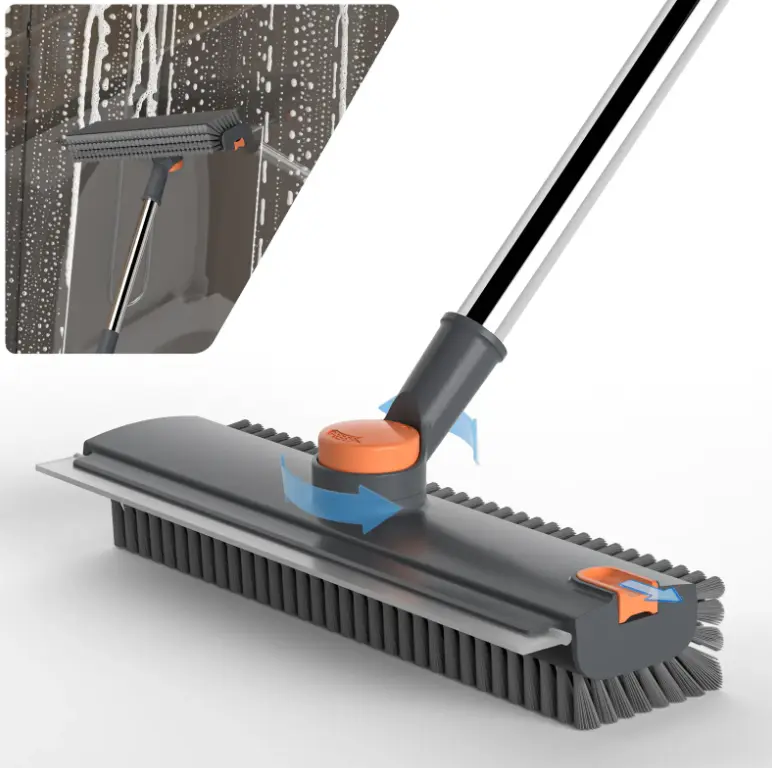 Floor Scrub Brush with Long Handle Length Adjustable, 3 in 1 Heavy-Duty Stiff 90° Bristle Floor Scrubber Broom with Squeegee, Cleaning Brush for Bathroom, Garage, Kitchen, Tile, Deck & Patio (Gray)