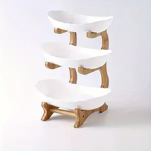 3-Tier Oval Fruit Basket with Bamboo Stand, Durable Polypropylene Freestanding Storage Rack for Kitchen Organization, Natural Bamboo Finish Multilayer Shelf, Modern Display Container for Kitchen & Party Serving