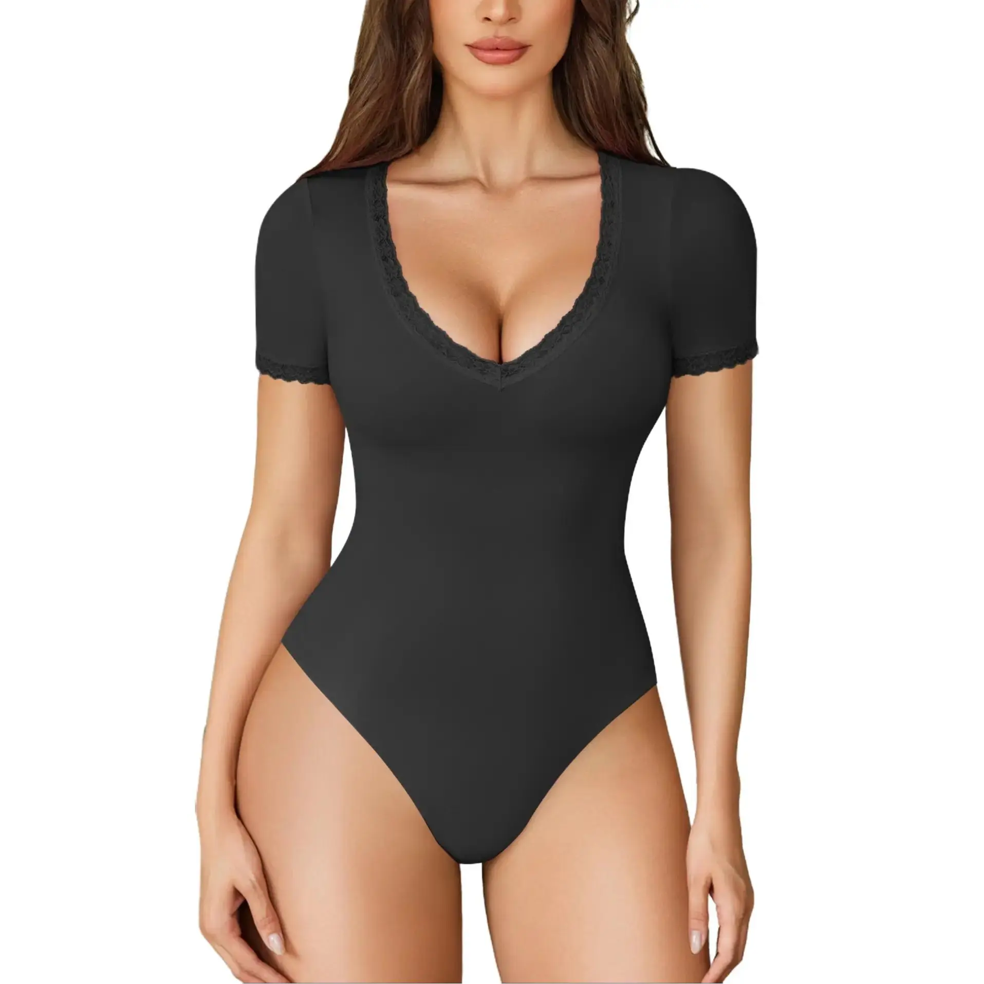 Avidlove Short Sleeve Bodysuit for Women Lace V Neck Body Suits Double Lined Compression Top Essential Feminine Elegance