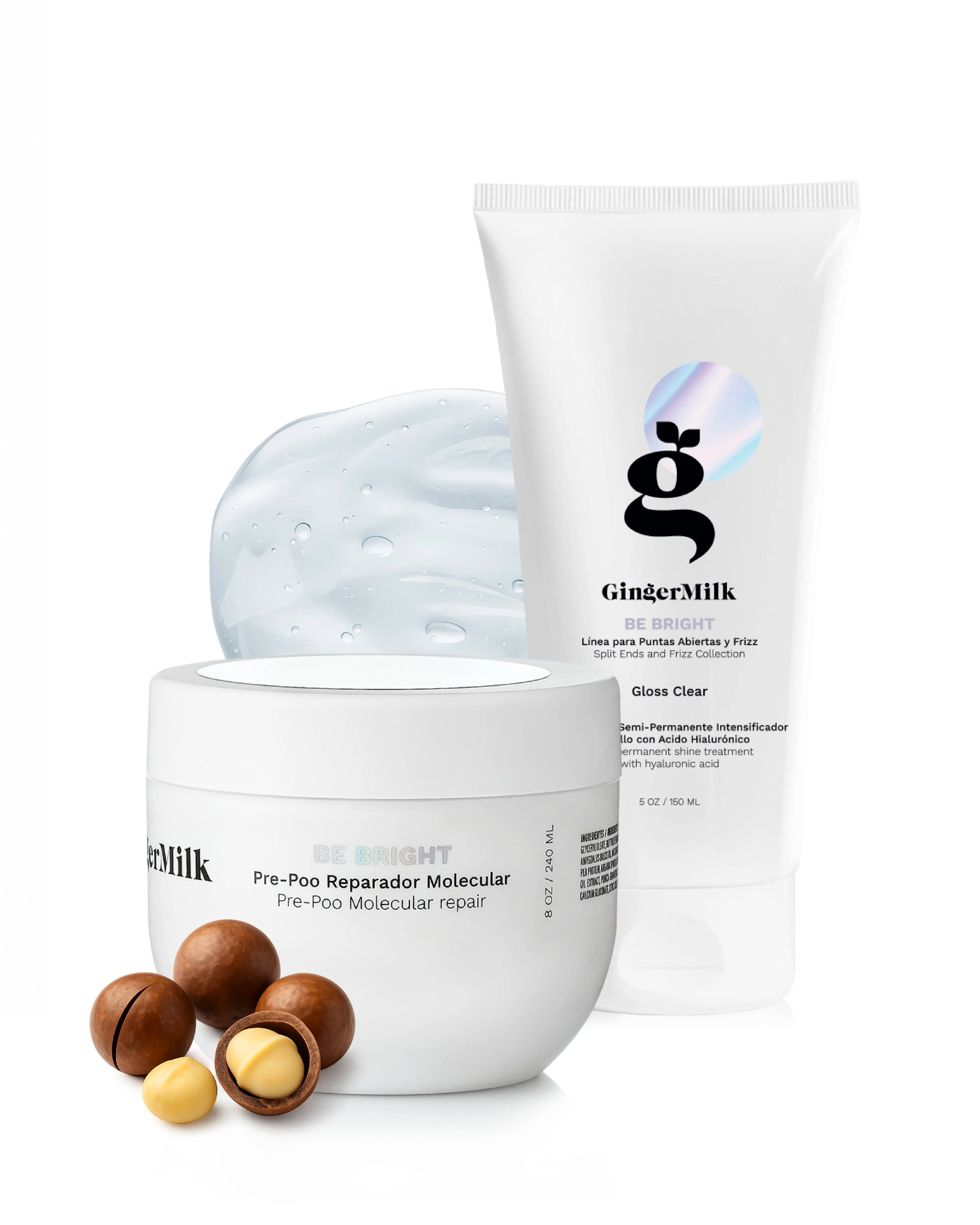 Pre-Poo & Gloss Clear Treatment Set, Be Bright | Pre-Poo 8 oz + Gloss Clear 5 oz | Repairing, Color-Enhancing & Glass-Hair Shine Care for Dry, Damaged & Dull Hair | Ginger Milk