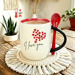 "I Love You" Red Heart Design Color Changing Mug with Red Spoon - Romantic Magic Coffee Cup for Couples