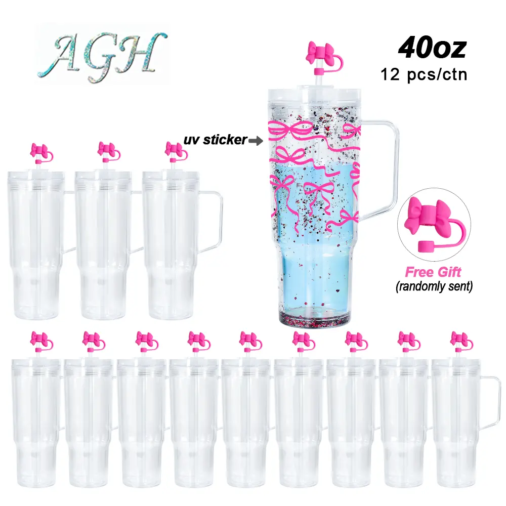 AGH US 12pcs 40OZ Snow Globe Plastic Double Wall Acrylic Handle Cups Tumbler with Coloring or Clear Lids for DIY Glitter Gifts for Friend