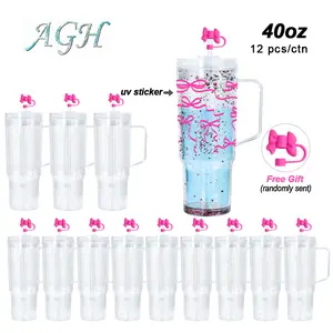 AGH US 12pcs 40OZ Snow Globe Plastic Double Wall Acrylic Handle Cups Tumbler with Coloring or Clear Lids for DIY Glitter Gifts for Friend