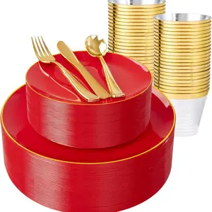 75-Piece Plastic Plates Set, Trim, Festival Party Tableware, Includes 10 Dinner Plates, 10 Dessert Plates, 30 Utensils, 25 9 Oz Cups, Perfect for Christmas & Parties