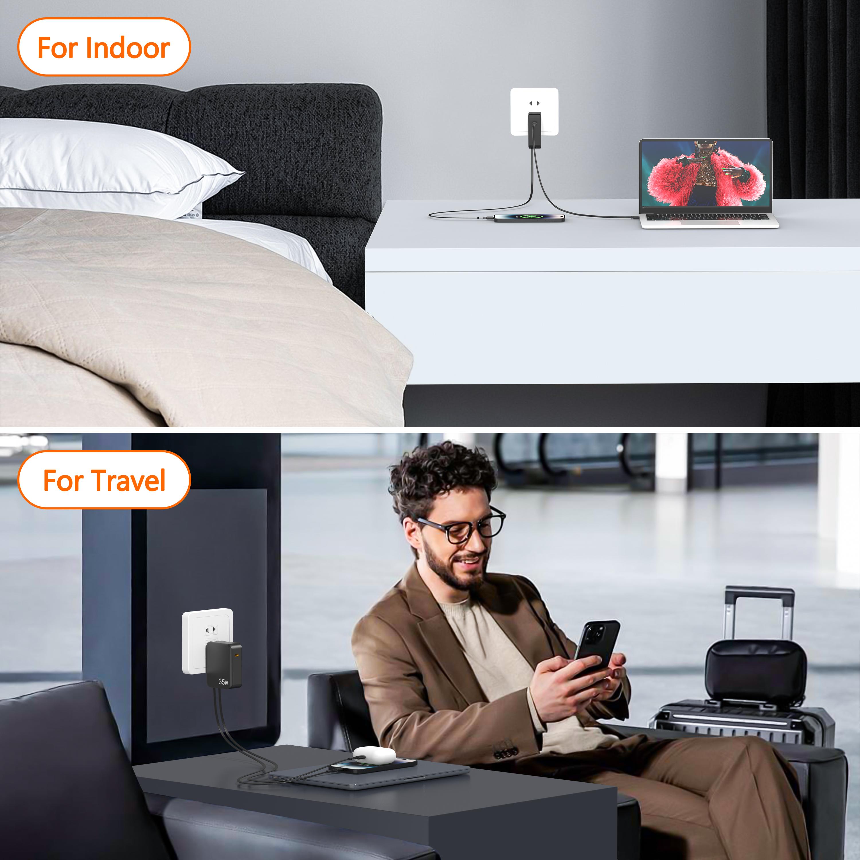 35W Retractable Wall Charger with Dual Cables, 3-Port USB Hub for Fast Charging iPhone 16/15/14/13/12/11, iPad, Samsung, LG & More