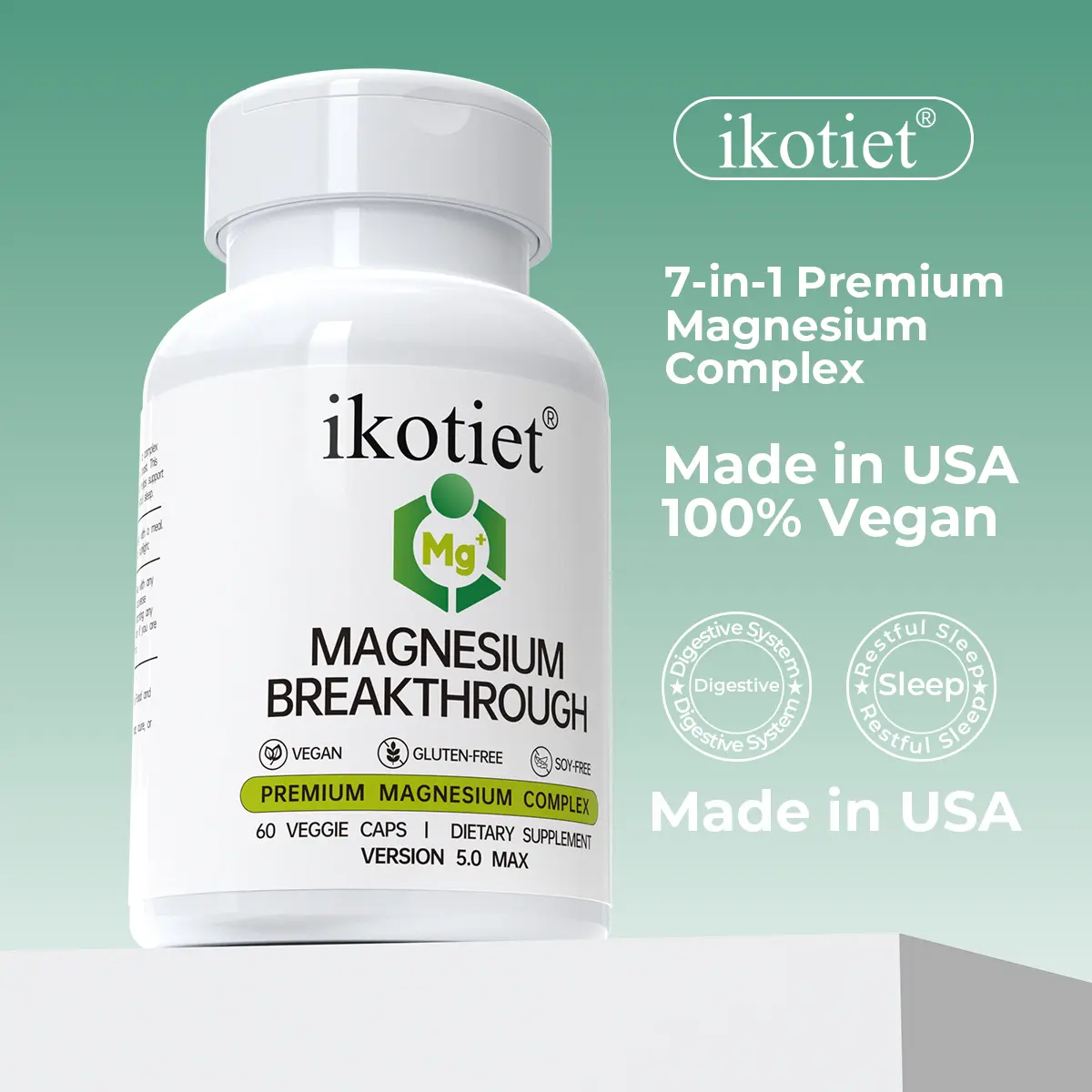 IKOTIET GMP Certified GMO-Free Gluten-Free Magnesium Dietary Supplement for Adults - 7 Forms + Vitamin B6, Low Dose Zinc, 60 Caps, Digestive Health Support, Supplement Routine Friendly, Nervous System Balance, Stress Relief