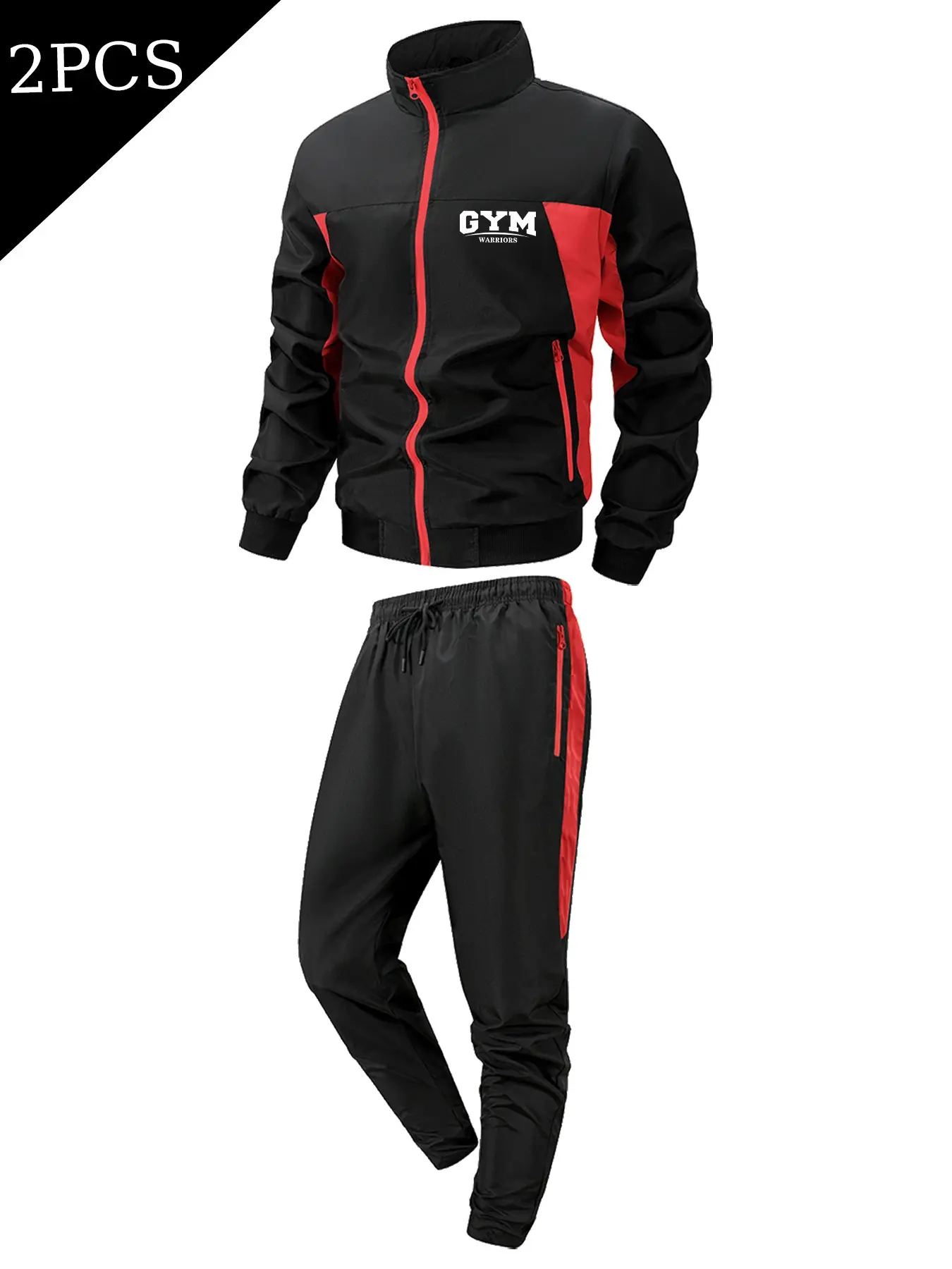 Men's Lightweight Windproof 2PCS Stand Collar Tracksuit Fitness  Graphics Print Color-Blocked Full Zip Jacket and Pants Casual Jogging Sports Set for Training