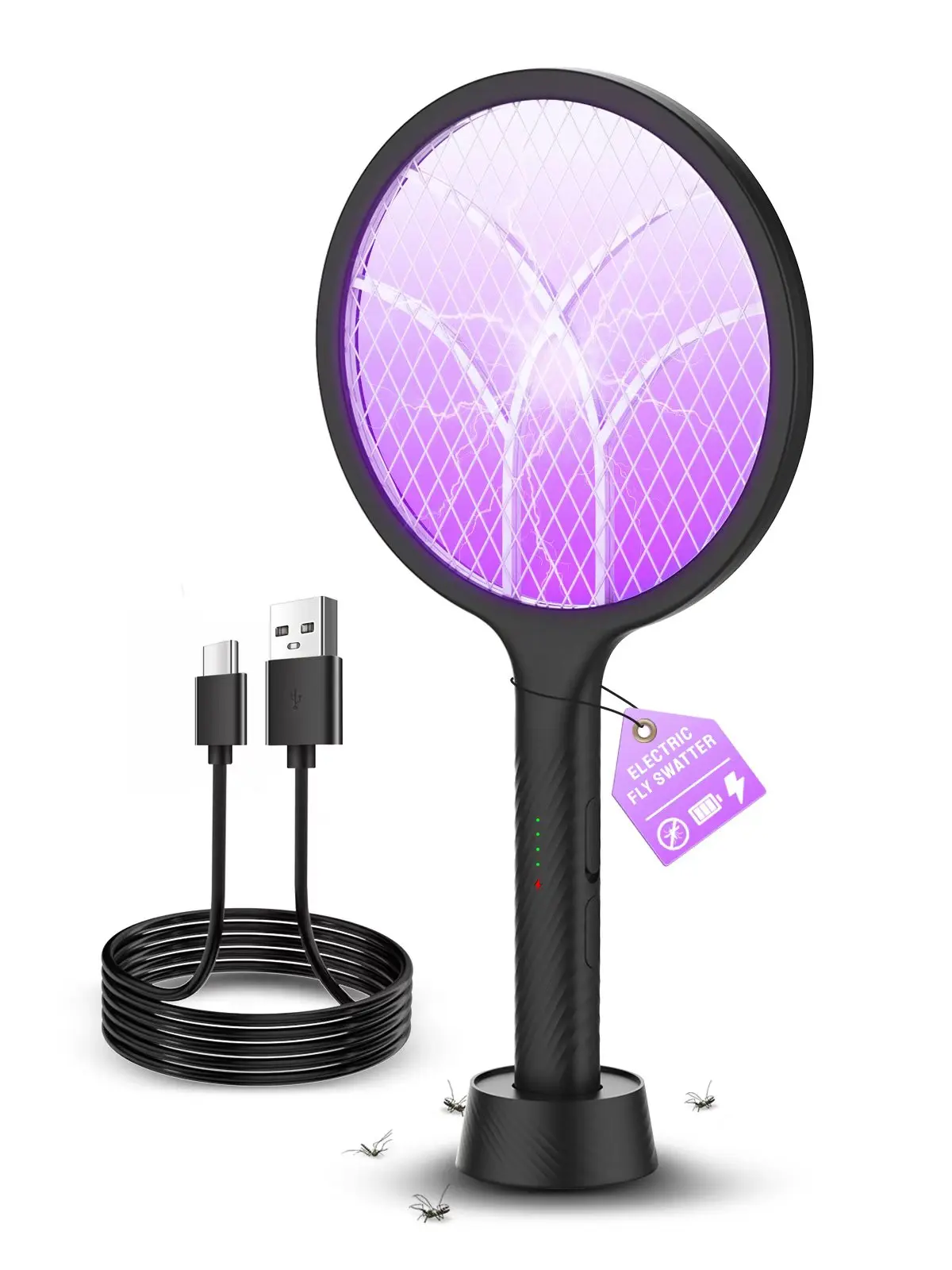 Electric Fly Swatter 4000V Dual Mode Bug Zapper Racket, Rechargeable, Purple Attractant Light, 3-Layer Safety Mesh and Usb-C Charging for Indoor, Outdoor Home Camping Yard Use