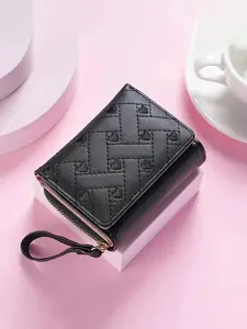 CYX Cute Women's PU Leather Quilted Wallet with Heart Embroidery Small Zipper Purse Credit Card Holder Coin Pocket ID Window Gift Bifold Wallets