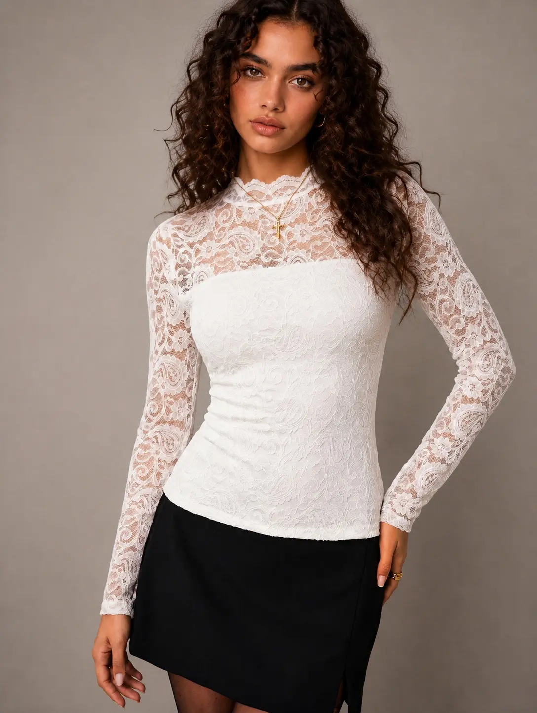 Women’s White Mock Neck Lace Top - Polyamide Mix, Floral Sheer Long Sleeve Blouse with Unpadded Sweetheart Lining, Slim Fit Elegant Going Out Shirt with Lace Detail[1506] spring casual comfort daily Women Short Sleeve Lace Shirt oversized work clothes