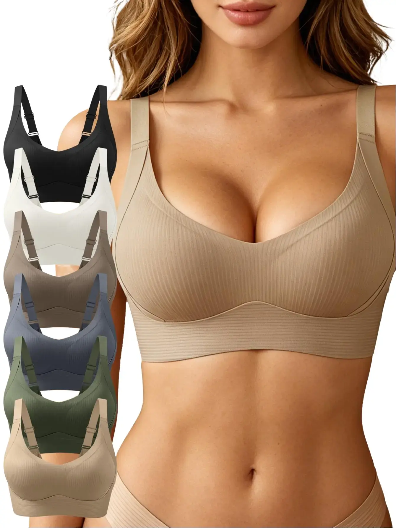 6 Pcs Women's Push Up Bras - Seamless Built-In Padded Bralettes, Wide Straps, Fixed Cups, Side Breast Coverage, Ultra-Soft Support, Breathable No Underwire Casual Bralettes for Everyday Wear