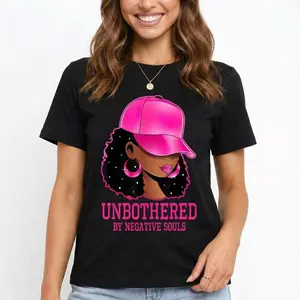 Women's Black Graphic Tee - "Unbothered by Negative Souls"| African American Woman in Pink Hat & Hoops| Soft Cotton Comfort Summer Casual Fashion Top| Perfect Gift for Her camographic distressed