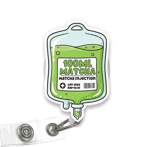 Cute Retractable Acrylic ID Badge Reel - Matcha IV Bag Design ID Holder for Nurses, Office Identification Badge Supplies, Badge Reels, Cute Badge Reels