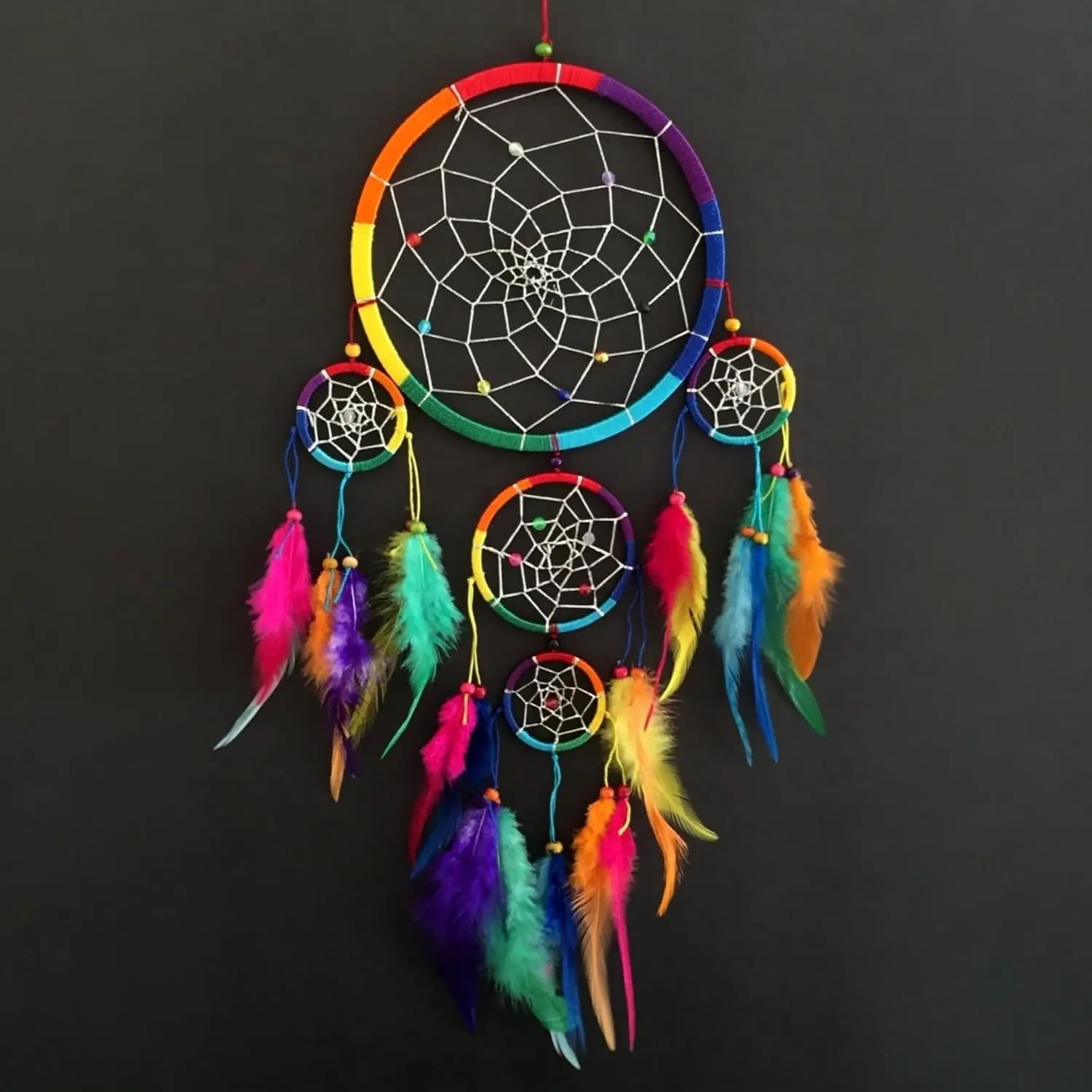 7" Diameter x 22" Long Handcrafted Rainbow Chakra Dream Catcher Wall Decoration, Multicolor Tie Dye Feather Hanging Room Accessory for Bedroom, Gift (Home & Festive Party Supplies), Room Accessories