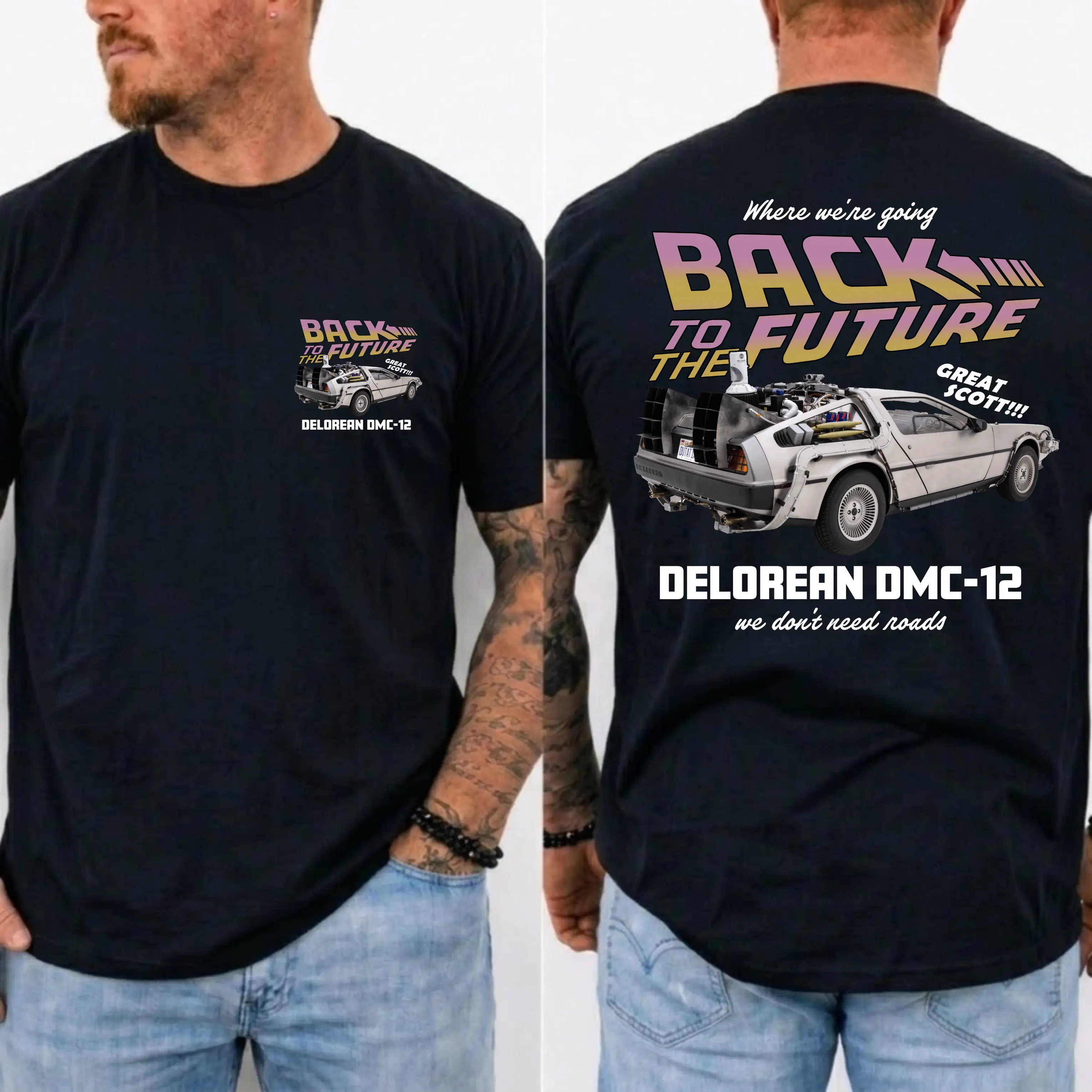 Back to the Future DeLorean Graphic Shirt, Stylish Short Sleeve Tee for Fans of Classic Movies, Where We're Going We Don't Need Roads Classic 80s Graphic Tee, Great Scott Gift for Drivers, MADE IN USA