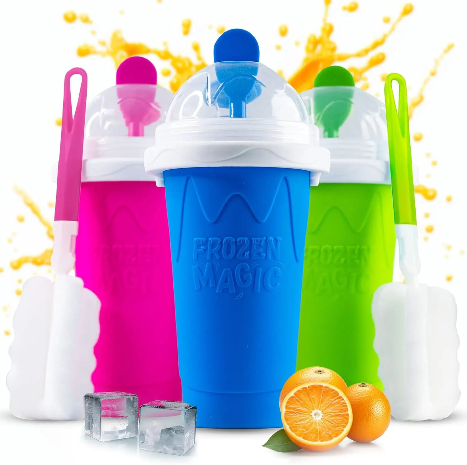 AIT Corp  Slushie Cups Set of 3 - Slushy Cup with Lid, 2 in 1 Straw & Spoon and Cleaning Brush - Frozen Magic Slushy Squeeze Cup - Slushie Cups in Pink, Blue and Green