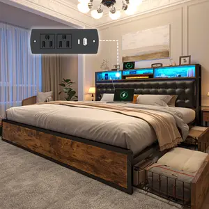 Raybee Metal LED Bed Frame with Charging Station, 4 Storage Drawers & Upholstered Headboard, Metal Slats Noise Free, No Mattress, Full, Queen, King, Brown