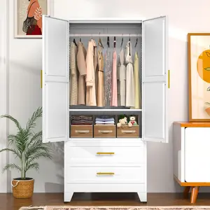 71" Metal Full-Size Freestanding Above-Ground Wardrobe Closet Armoire, Giant Storage Adjustable Modular Indoor Furniture with Hanging Rods, 2 Drawer Compartments and Adjustable Shelves for Home, Office Clothing Storage, Adjustable Modular Wardrobes, Drawe