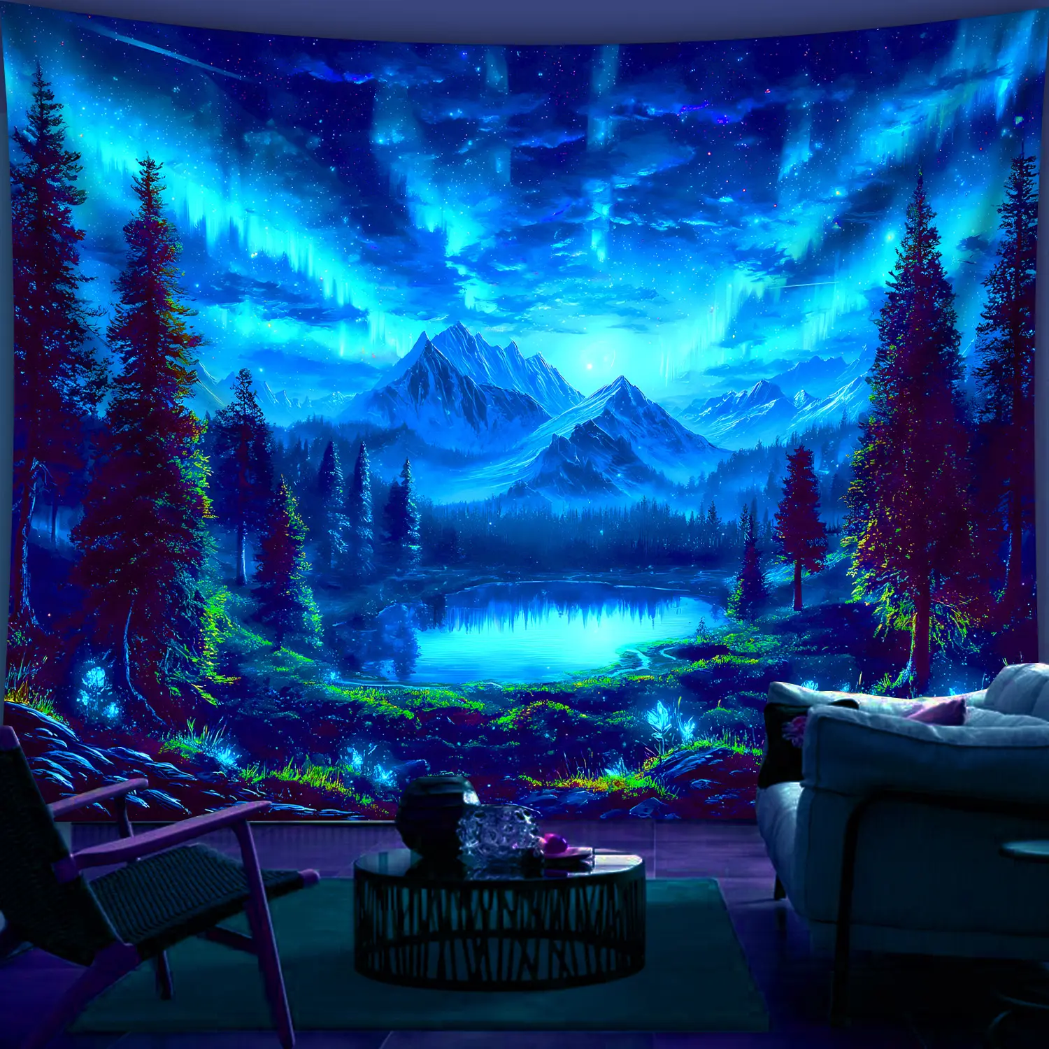 1pc Durable Decorative Tapestry - Glowing Fluorescent Starry Sky Pattern, Large Polyester Fabric Wall Hanging, No Installation Needed, Mystical Landscape with Moon Accent, Indoors Home Bedroom Decor