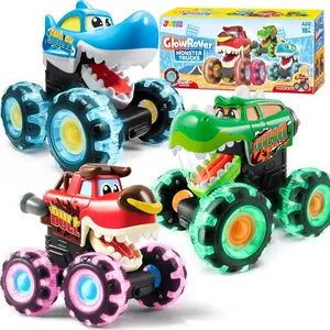 3 Pack Monster Truck Toy - Motion Activated Light Up Cars for Toddlers - Monster Glow Rover LED Wheels - Baby Boy Toys - Press and Go Dinosaur Trucks for Kids Boys Birthday Gifts for Happy New Year