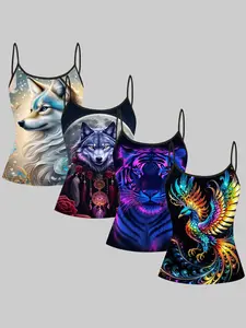 Vibrant Wolf Tiger Phoenix Dreamcatcher Print Adjustable Straps, Casual Sleeveless Top, Home Wear & Outerwear, Slim-Fit, 4-Piece Set