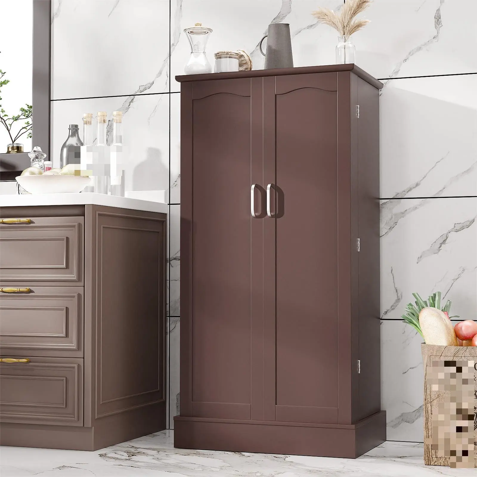 47" Brown Freestanding Modern Aesthetic Multifunctional Storage Cabinet - Indoor Kitchen Furniture with Doors, Adjustable Shelves, Organizing Design for Pantry, Buffet, Sideboard Organization, Freestanding Cabinets, Large Organizer Cabinets