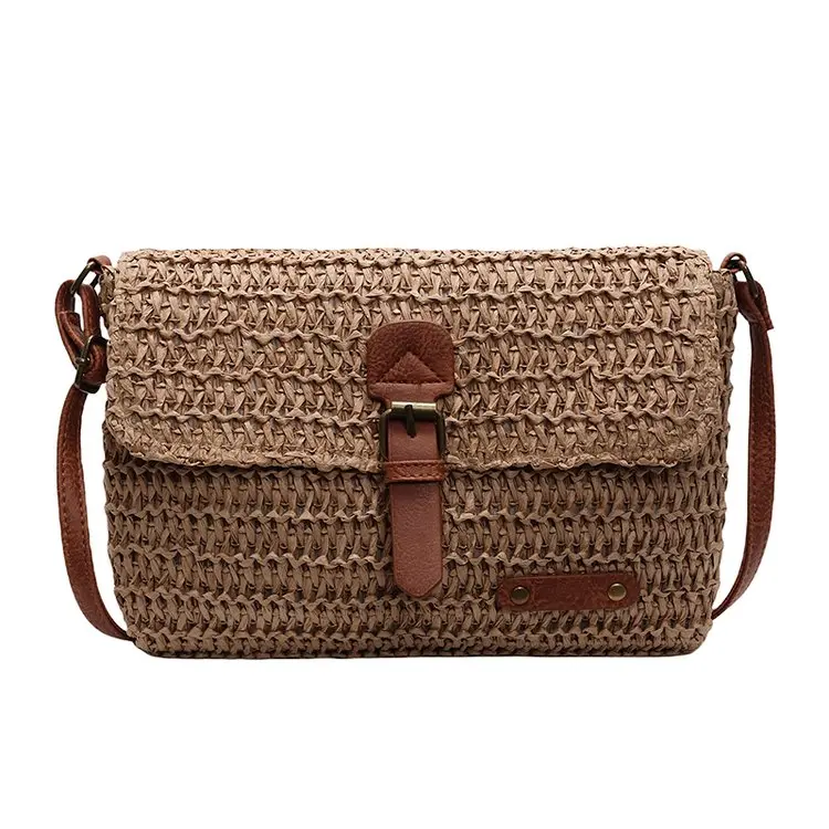 Women's Floral Hollow Woven Straw Crossbody & Shoulder Bag - Faux Leather Buckle Flap, Adjustable Chain Customizable Interchangeable Straps, Small Square Casual Bag for Sandy Beach Summer Vacation