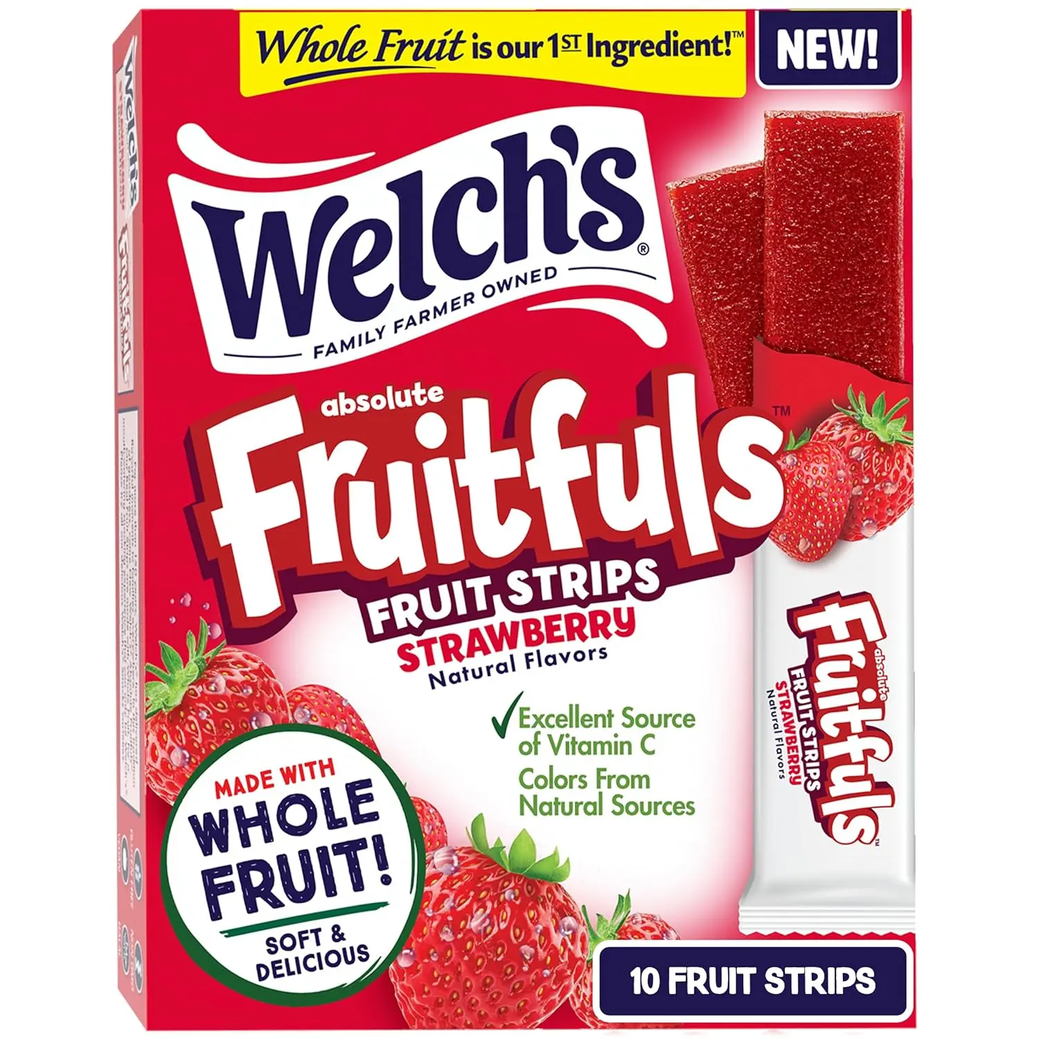 Welch's Natural Strawberry Fruit Strips, 10 Packs Dried Snack with Fruit Puree, Sweet Treats for School Lunches