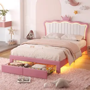 YunKiTech Twin Bed Frames for Kids,Full Size Upholstered Bed Frame with LED Lights & Storage Drawers, Fabric Headboard & Wood Slats, No Box Spring Needed, Princess Bed for Girls (Pink White)