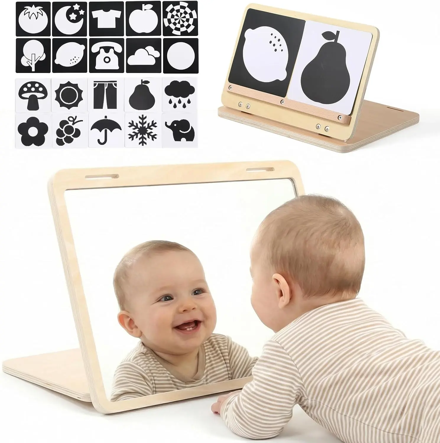 Montessori Wooden Tummy Time Floor Mirror Learning Play Set for Babies 0-3 Years - Large BPA-Free Baby-Safe Mirror with Adjustable Stand, High Contrast Black & White Sensory Cards, Children Development Nursery Essential