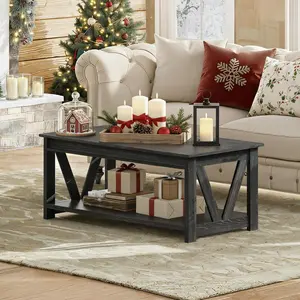 WLIVE Coffee Table, 43" Farmhouse Coffee Table with Storage Shelf & Sturdy V-Shaped Support, Wood Center Table for Living Room, Bedroom, Office and Balcony