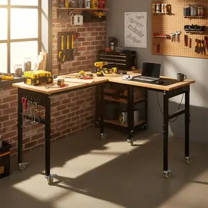 Heavy Duty 130″ L‑Shaped Adjustable Workbench with Wheels – 2000 lbs Capacity, Power Outlet, Drawers, Pegboard, Rubber Wood Top – Mobile Tool Table for Garage, Workshop, or Home Office
