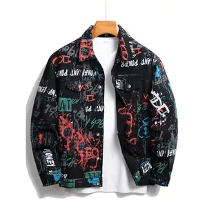Men's Graffiti Letter Print Denim Jacket, Loose Casual Street Comfy Long Sleeve Outerwear for Daily Wear, Menswear for All Seasons, Coats