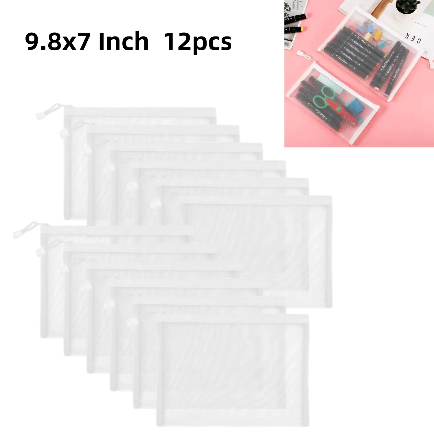 12pcs 9.8x7in Mesh Zipper Pouch Bags, A5 Zipper Bags for Organizing Storage, Waterproof Zipper Pouches, Letter Size, File Bags for School, Toys, Puzzle, Board Games and Office Supplies,Car Interior Accessories Organiser Smooth White