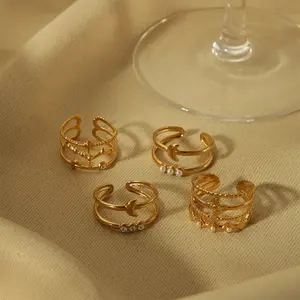 Women's 4-Piece Gold Moon & Star Open Ring Set – Celestial Stackable Rings with Pearl & Crystal Accents for Boho Vibes