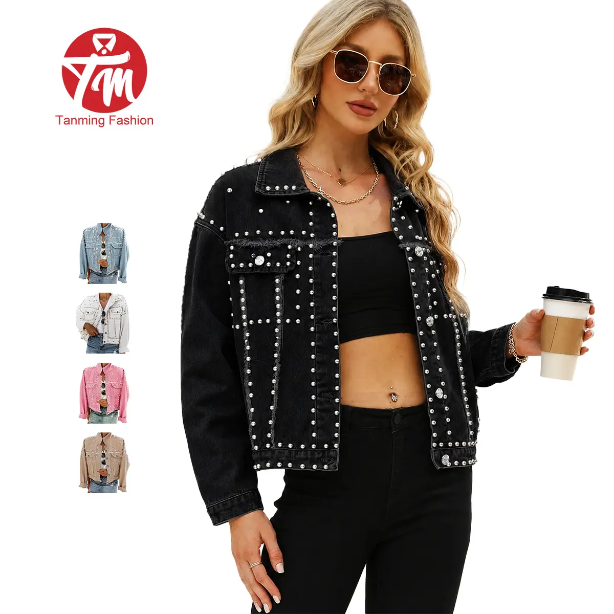 Tanming Women's Western Denim Jacket, Rhinestone & Pearl Studded Distressed Long Sleeve Button Down Coat with Pockets, Coats, Outerwear, Lady, Western Elegance, Pearl Stud Glam