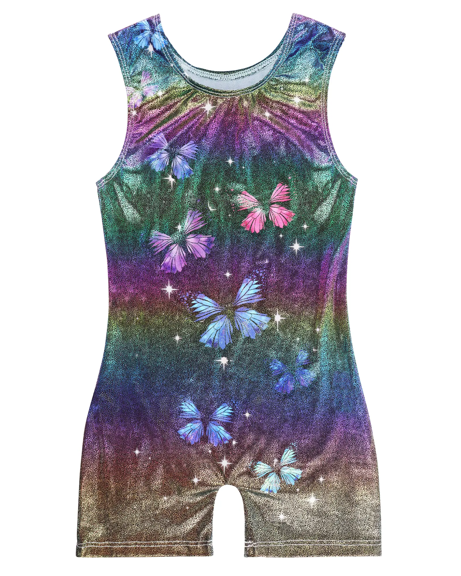 Girls' Sleeveless Dance Clothing, Butterfly Print Biketard with Shiny Rhinestones for Gymnastics and Tumbling