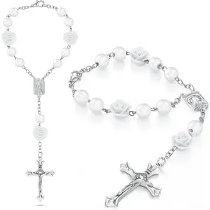 2 Pieces Car Rosary Rearview Mirror Auto Rosary Religious Car Mirror Hanging Accessories for Automotive Personalized Protection Charm for Auto Decors(Rosary,White)