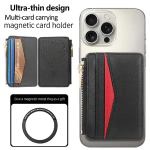 Slim Pu Leather Magnetic Zipper Wallet Card Holder for Magsafe Compatible iPhone 17 Sticker Storage Card Case Kistand  Multi-Card Slots