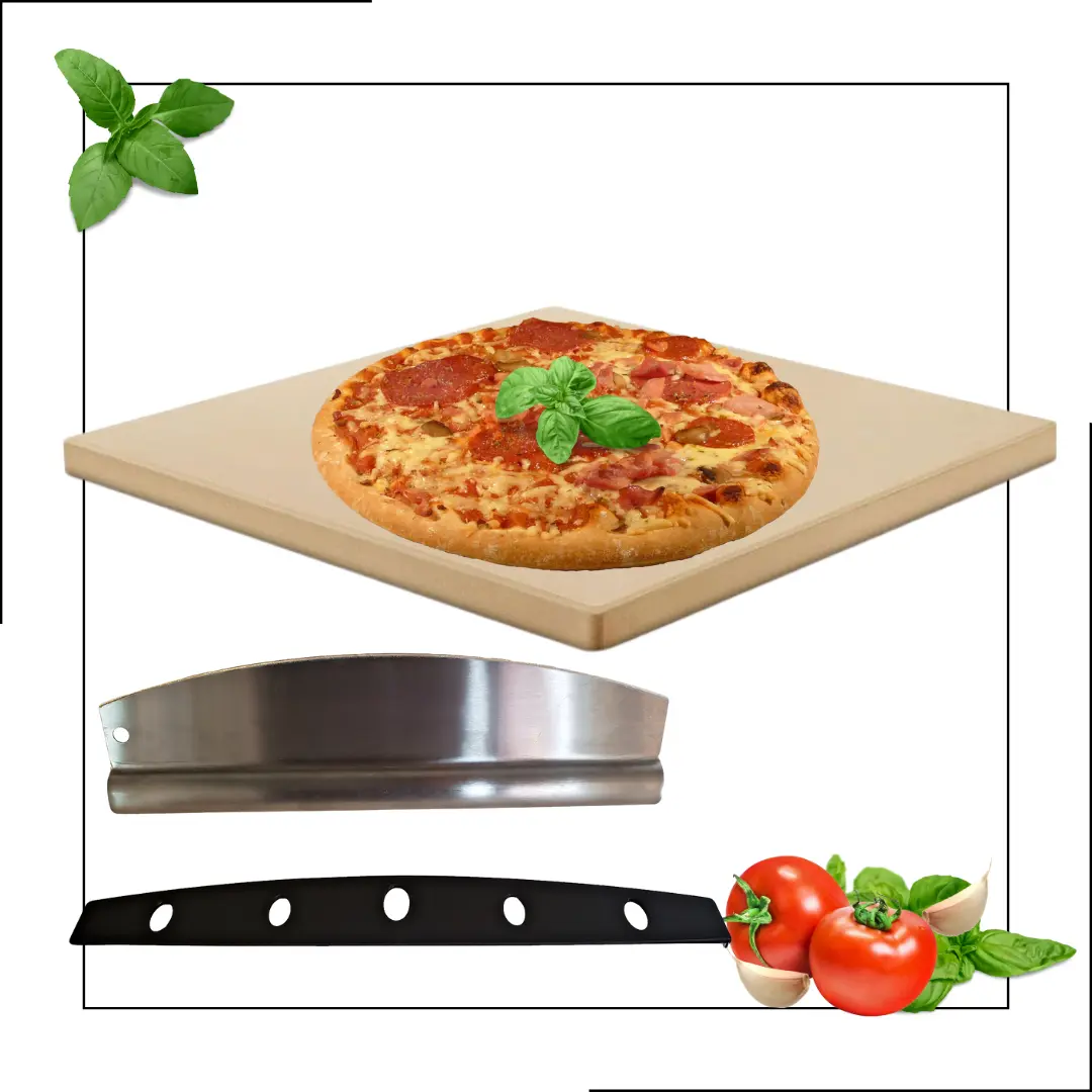 Full Size Pizza Stone Rectangular Thick Baking Stone for Ovens, Grills, Pizza Ovens & More! Comes with Stainless Steel Rocker Pizza Cutter