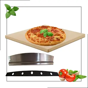 Full Size Pizza Stone Rectangular Thick Baking Stone for Ovens, Grills, Pizza Ovens & More! Comes with Stainless Steel Rocker Pizza Cutter