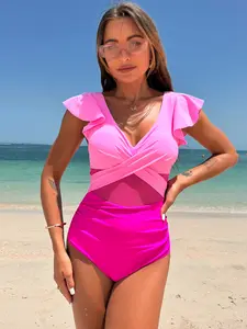 Women's Solid Color Ruffle One-Piece, Perfect for Summer Beach Vacation, Fashionable Slimming Swimwear, Casual Swimsuit, Ruffle Twist Swimsuit, Swimsuit Style, Ruffle Hem Swimsuit